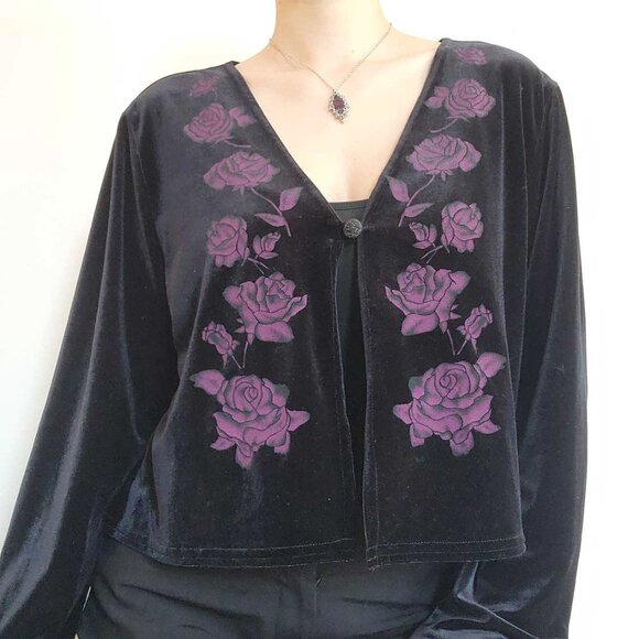 Vintage 90s whimsigoth gothic black velvet and purple rose cardigan XL - Picture 1 of 16